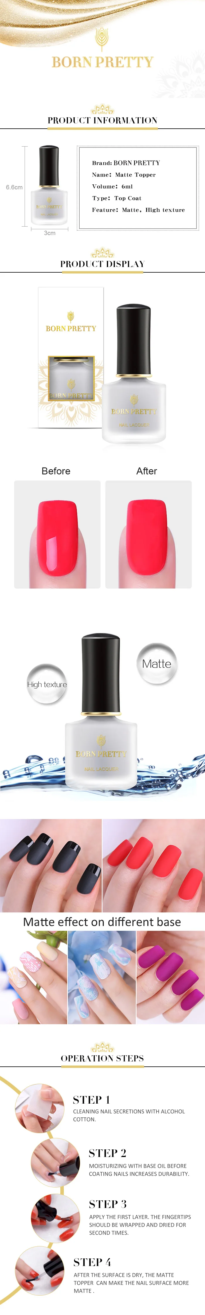 BORN PRETTY Matte Top Coat 6ml Oil-based High Texture Nail Polish Nail Art Manicure Care Varnish Manicure Supplies