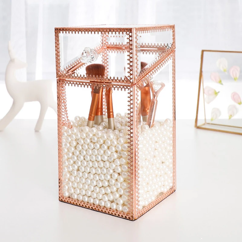 Пылезащитный стеклянный ящик для хранения косметики с металлическими краями