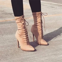 2022 new stretch fabric womens ankle boots heel shoes women high heel sexy pointed toe lace up boots for springautumn