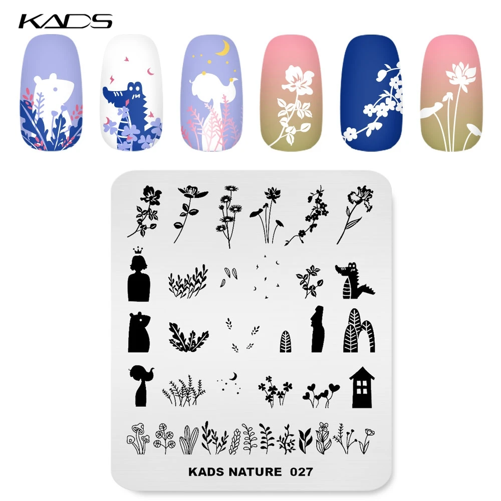 KADS пластины для штамповки ногтей Nature 027 шаблон с изображением листьев и цветов
