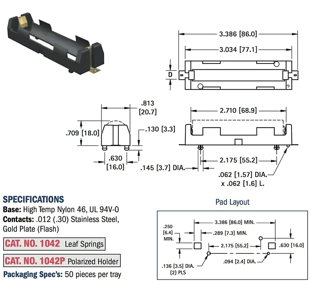 5 шт./лот Высокое качество 1X18650 Держатель аккумулятора SMD SMT коробка для