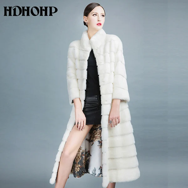 HDHOHR, высококачественное пальто из натурального меха норки, длинное с юбкой, Женское зимнее пальто из настоящей белой норки, тонкие теплые меховые куртки Feamle - Цвет: Белый