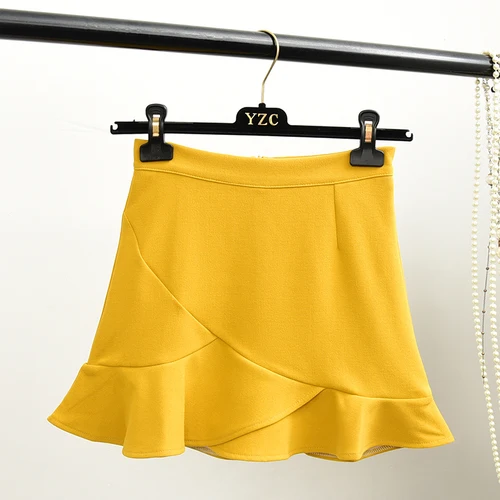 Solid Irregular Mini Mermaid Skirts Women Sexy Ruffles High Waist Package Hips Sweet Saias Office Ladies Work Slim Elegant Skirt - Цвет: Цвет: желтый