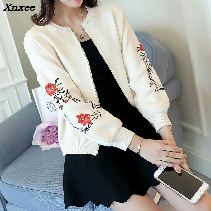 

Xnxee Knitted cardigan sweater female short loose a Korean embroidery 2018 Hitz spring jacket spring Xnxee