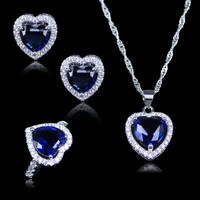 russian simple style heart blue crystal white zircon silver color jewelry sets for lady ring necklace pendant earrings