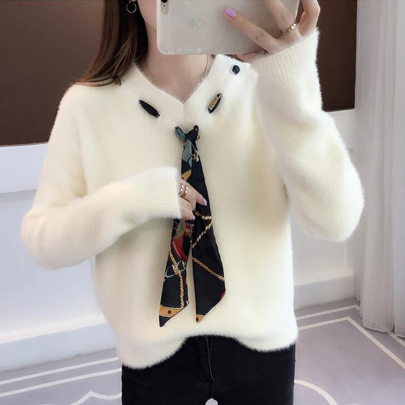 TIGENA милый Зимний пуловер из искусственного меха с бантом женский джемпер 2019