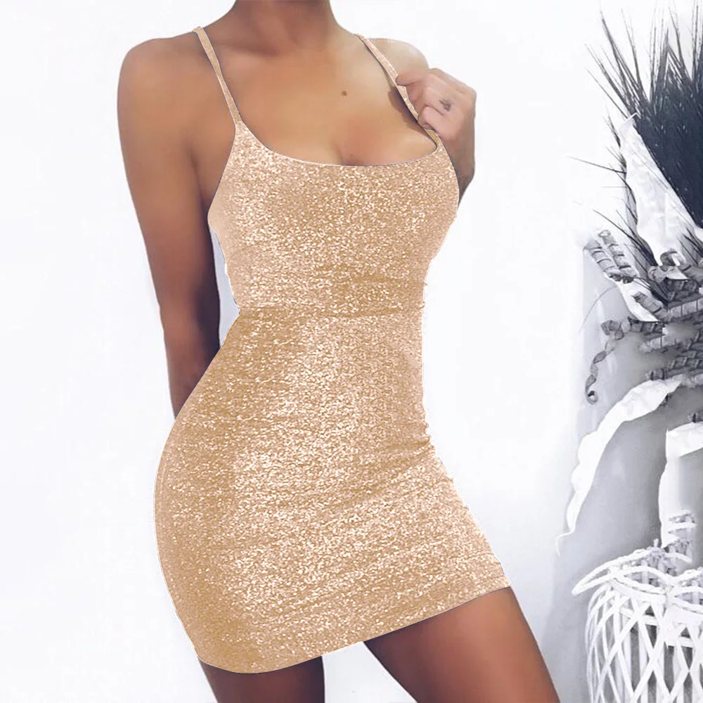 Women sexy O neck sequins bodycon clubwear party evening mini dress ladies sleeveless backless solid short dresses 2019 summer | Женская