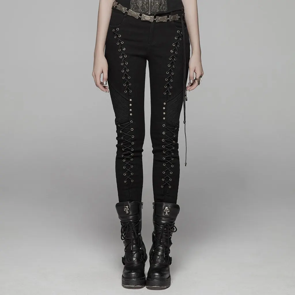 Женские облегающие брюки в стиле панк и рок со шнуровкой повседневные джинсы для