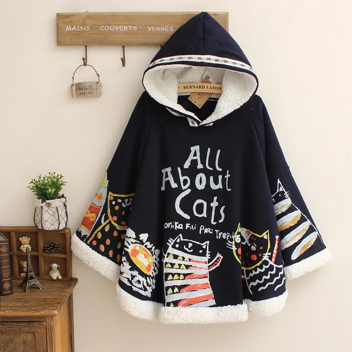 Милая женская накидка в стиле Харадзюку зимняя толстовка с капюшоном и принтом