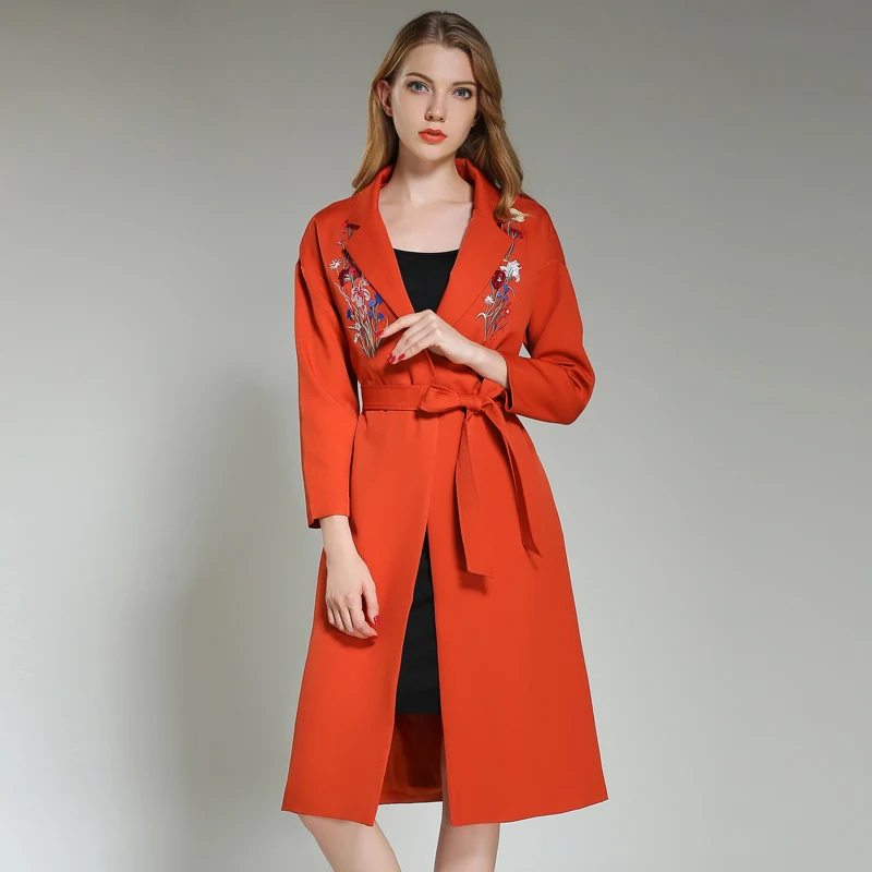 

Spring Autumn Fashion Floral Embroidery Trench Coat Women Turn-Down Collar Long Sleeve Long Coat With Belt
