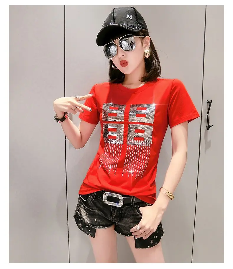 Red tshirt Однотонная футболка с блестками и бриллиантами, круглый вырез, новинка, летний офисный женский хлопковый топ, рубашка, Camiseta Mujer, черный, белый цвет, T95107L - Цвет: Red tshirt