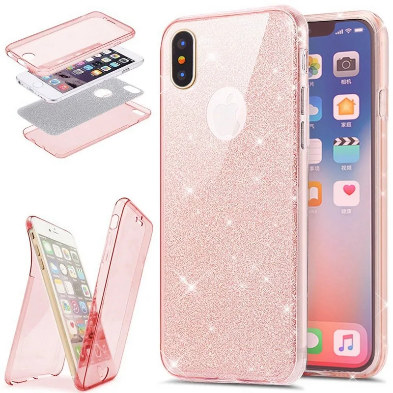 2 в 1 360 полный защитный блестящий тонкий чехол из ТПУ для Coque iPhone 7 8 Plus 6 6S Plus X 11 Pro Max Funda двусторонний чехол - Цвет: Rose Gold