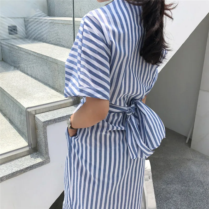 Женское Хлопковое платье в синюю полоску длинное Полосатое с разрезом модное