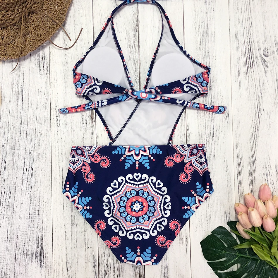 Женский слитный купальник с принтом новый дизайн 2019 бретелькой через шею