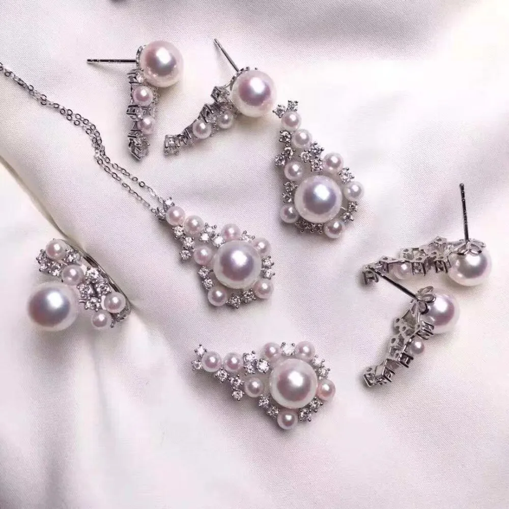 925 Silver Fashion Pearl Pendant Ring Earrings Set Mountings Findings Beautiful Jewelry Set Parts Fittings Component