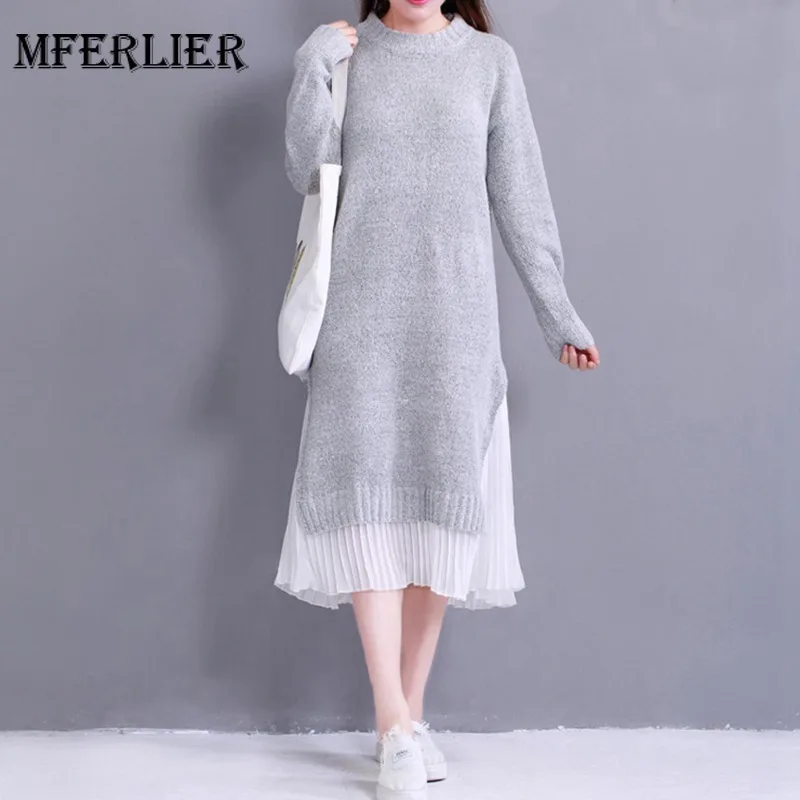 Mferlier2018 осенне-зимнее платье-свитер женское платье миди с круглым вырезом вязаное