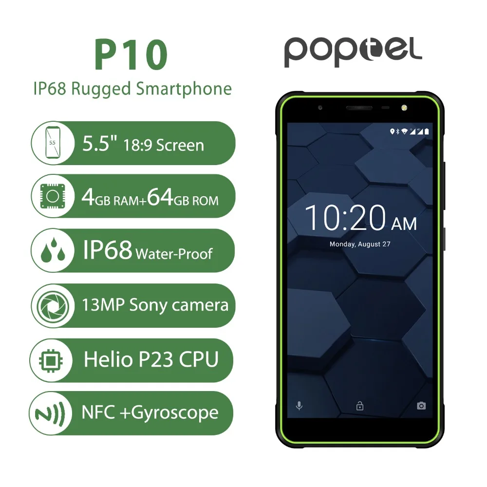 Оригинальный POPTEL P10 5 ''HD Android 8 1 мобильный телефон IP68 водонепроницаемое стекло