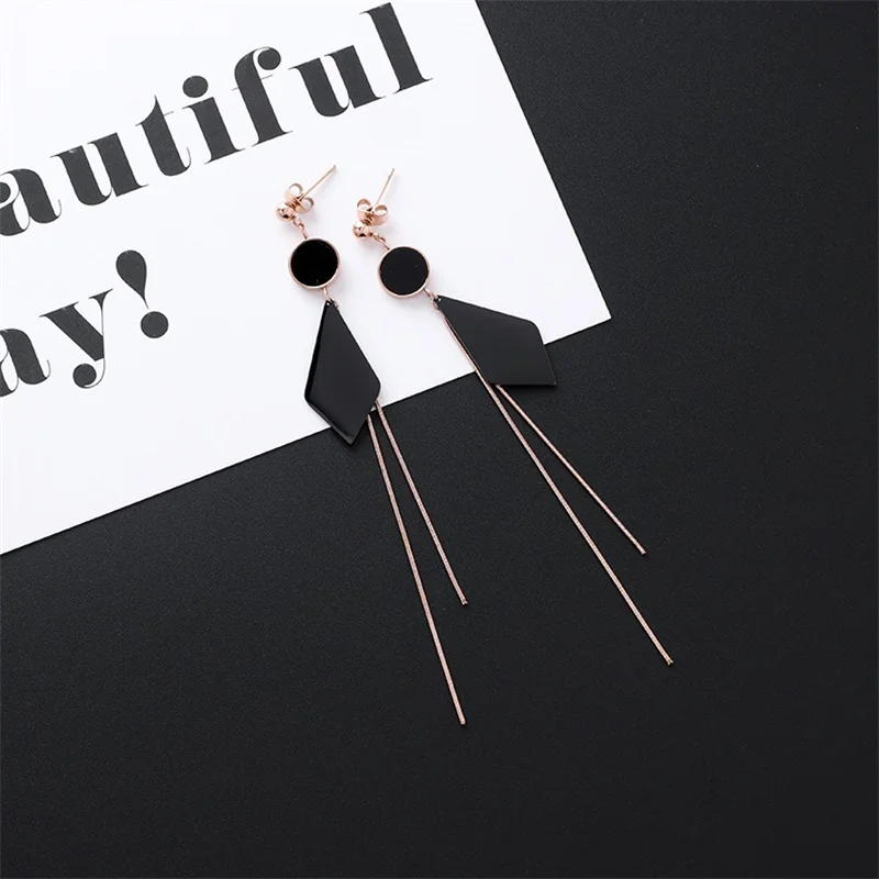 style-9 New Listing Geometric Titanium Steel long Tassel Girl Earrings gold Stainless Steel Triangle leaf Girl Black Jewelry Earrings 1 - Окраска металла: style-9