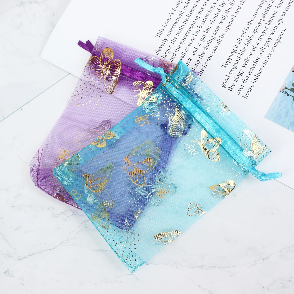 

50PCS 9*12cm Drawable Organza Bags With Gold Butterfly Jewelry Display Packaging Candy Pouches Wedding Gift Bag Wholesale