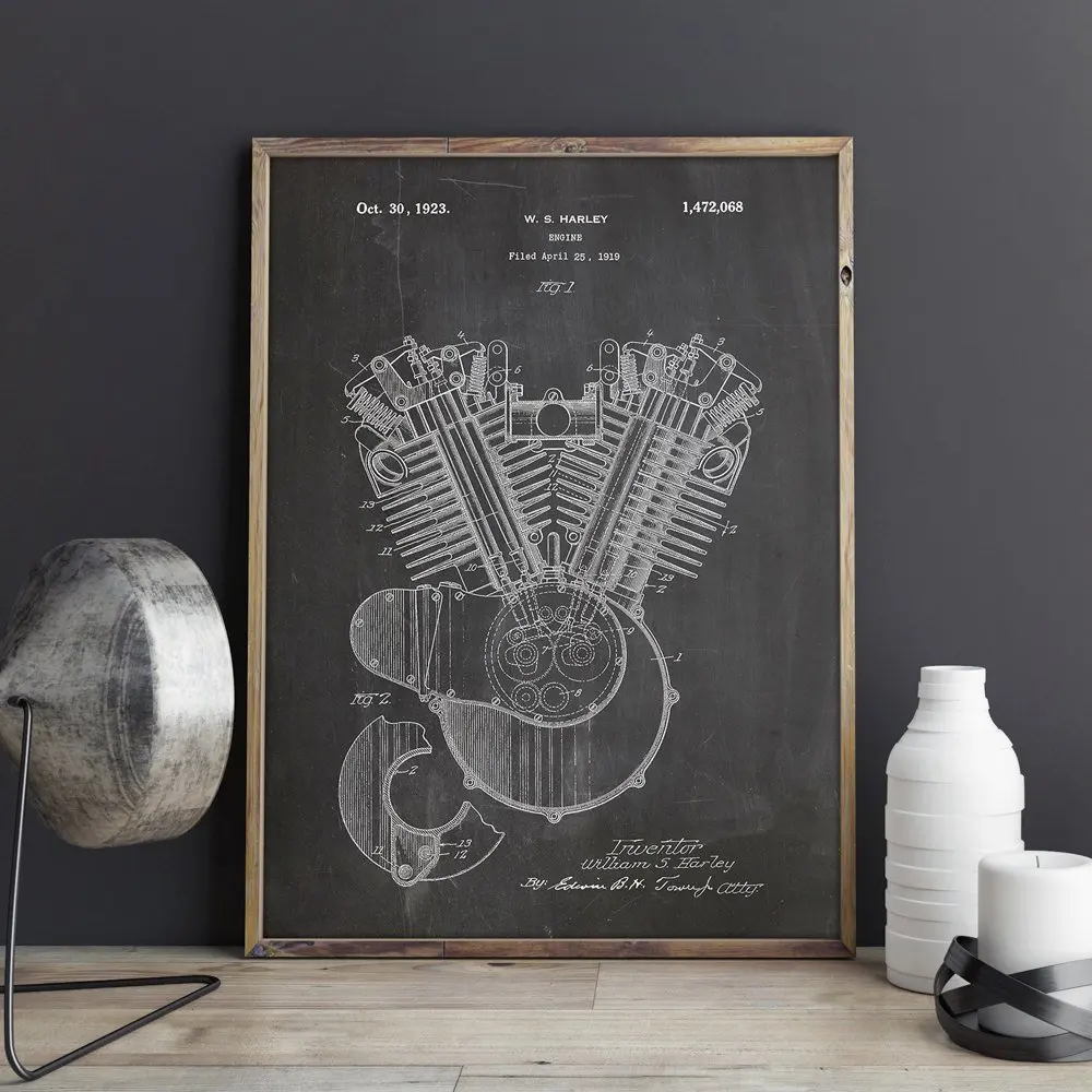Harleys Engine 1919 патент мотоциклетное искусство настенное плакаты декор комнаты