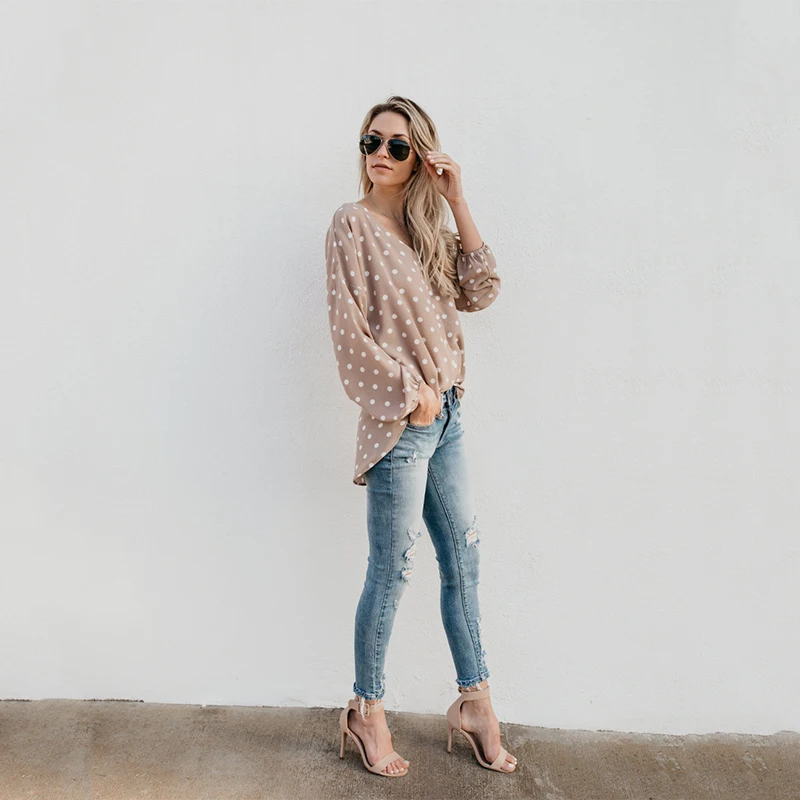 2019 New Women's Shirt T-shirt Printing Dot Long Elegant Women High Street Sleeve V-neck Fashion T-shirts Summer | Женская одежда