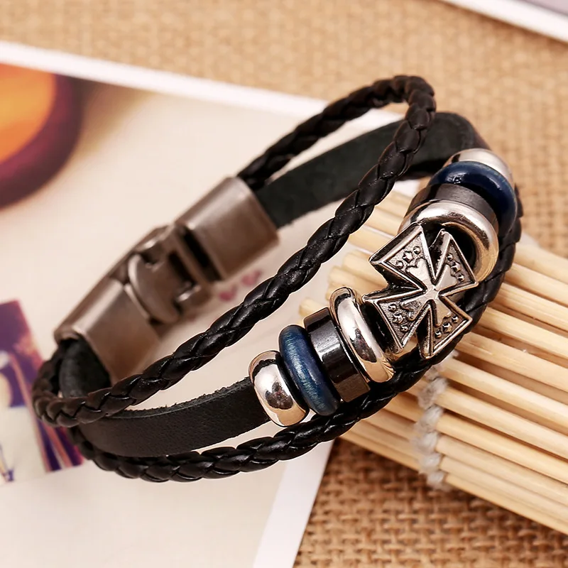 Модные Для Мужчин's Кожаные браслеты Винтаж круги Крест Очарование Плетеный