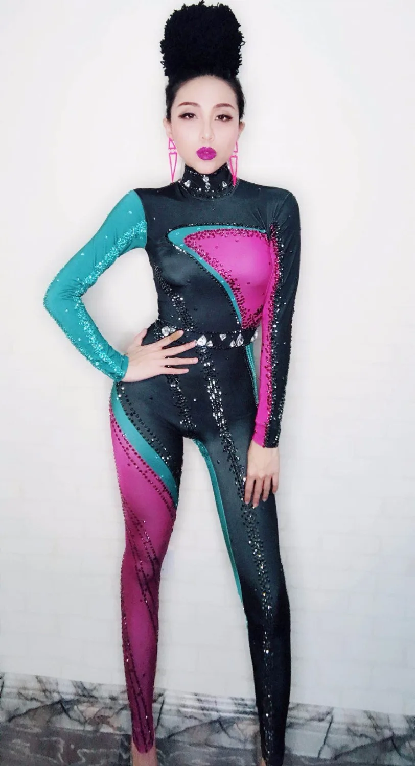 Женский комбинезон со стразами с длинными рукавами Стрейчевые леггинсы для