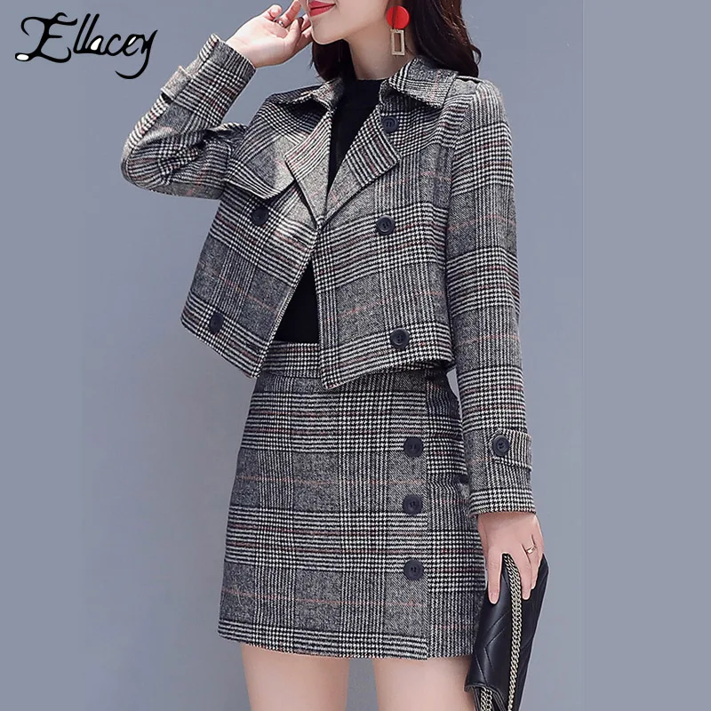 Ellacey, новинка, Женский комплект из 2 предметов, куртка, женская юбка, костюм, Тренч, деловой костюм, набор, женский роскошный элегантный Блейзер, юбка, наборы