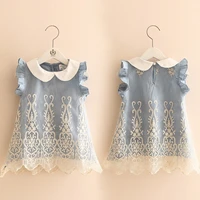 2021 summer 2 10 years old beautiful children kids pleat peter pan collar fly sleeve party lace blue denim vest dress for girls