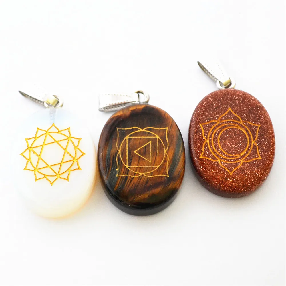 Модные природные выгравированы Камни чакра Подвески Овальный Форма кристалл