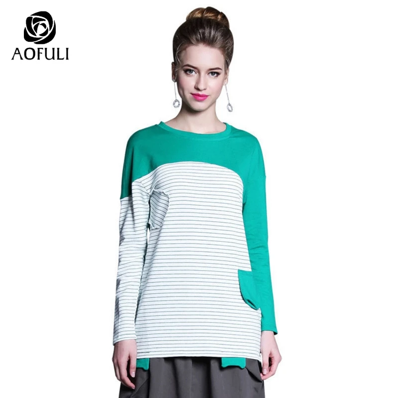 AOFULI L ~ 4XL woemn Повседневная хлопковая футболка осень 2019 полосатые Лоскутные