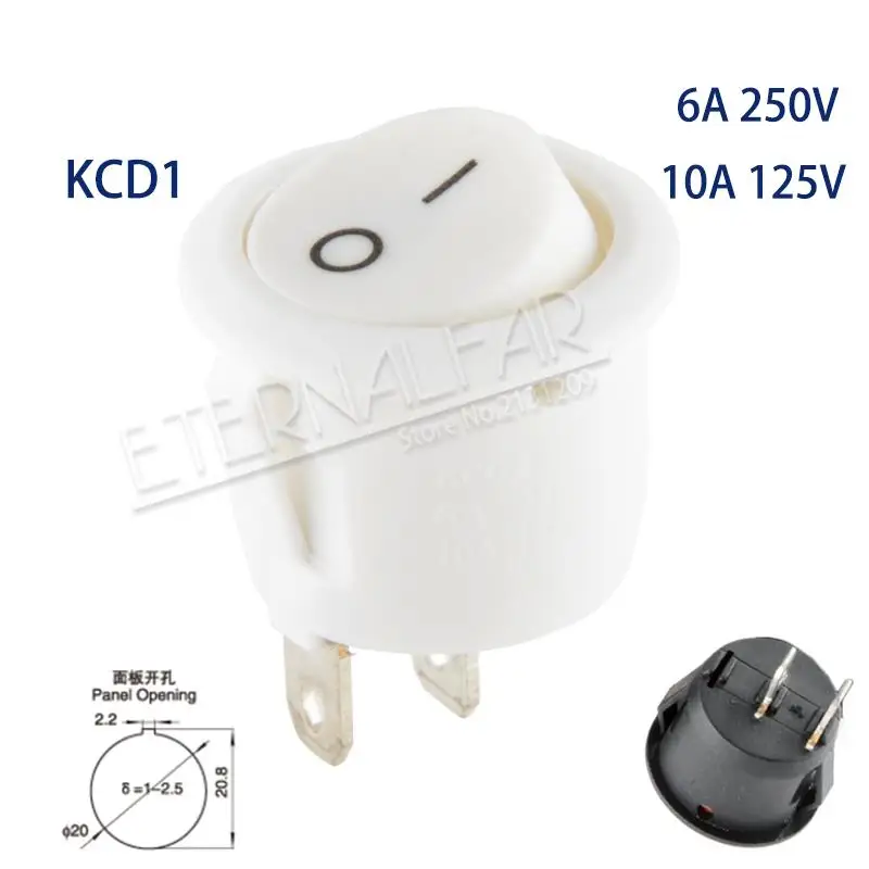 KCD1 White 2J2D SPST 6A 250 в 10 a 125 В AC ВКЛ-ВЫКЛ круглый переключатель 12 В светодиодный кулисный переключатель Светодиодный точечный светильник Светодиодная подсветка для автомобиля приборной панели - Цвет: KCD1 White 2J2D