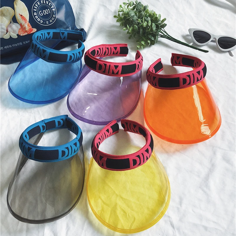 

New Hot Women Transparent Clear Unbreakable Visor Cap Empty Topless Letter PVC Plastic Big Brimmed Sun Beach Party Hat