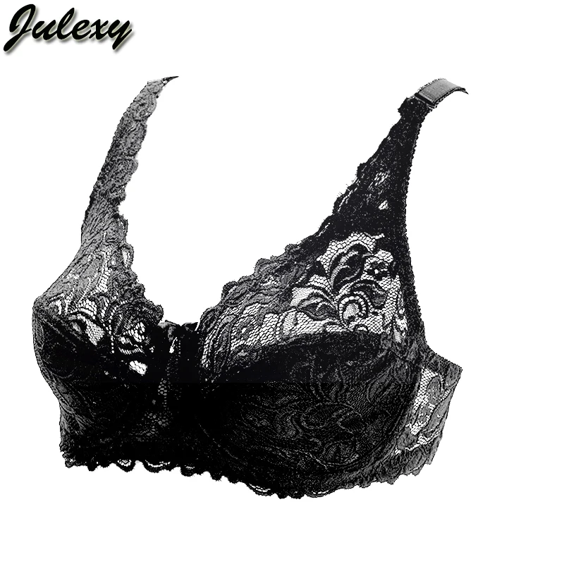 Бренд Julexy, новинка, сексуальный кружевной женский бюстгальтер размера плюс, C, D, E, большой размер, бюстгальтер без косточек, ультратонкий, чистый хлопок, бюстгальтер 95E 100E, нижнее белье - Цвет: Черный