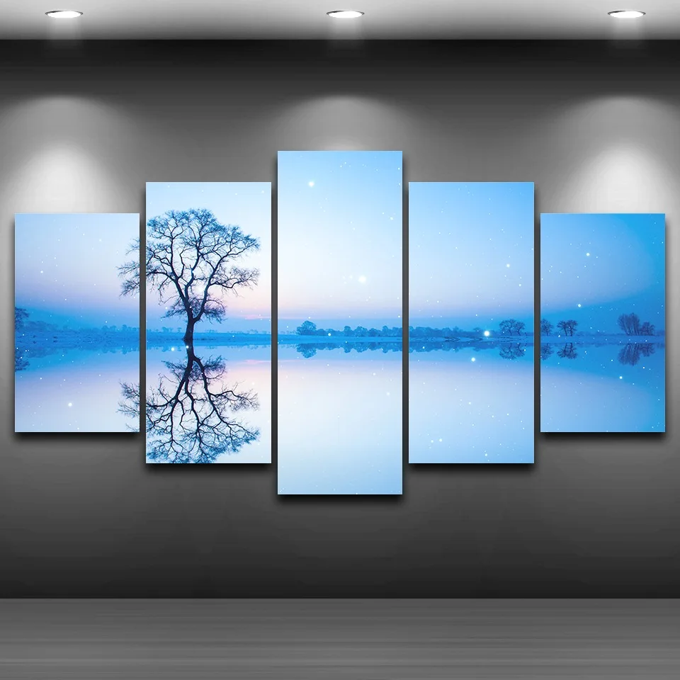 5 шт. озеро отражение дерева небо абстрактный пейзаж модульный холст HD ПЕЧАТЬ