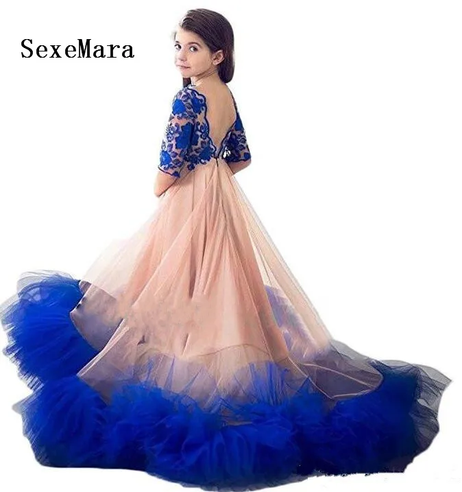 New Customized Princess Royal Blue Girls Pageant Dresses with Train V Back Half Sleeves Junior Party Ball Gown | Детская одежда и