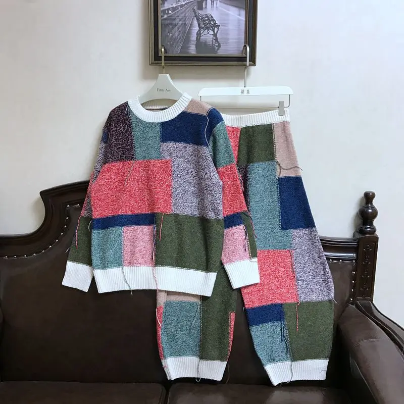 Новинка весны, модный вязаный свитер и штаны, Женский комплект, Повседневный пуловер с узором и кисточками для молодой девушки