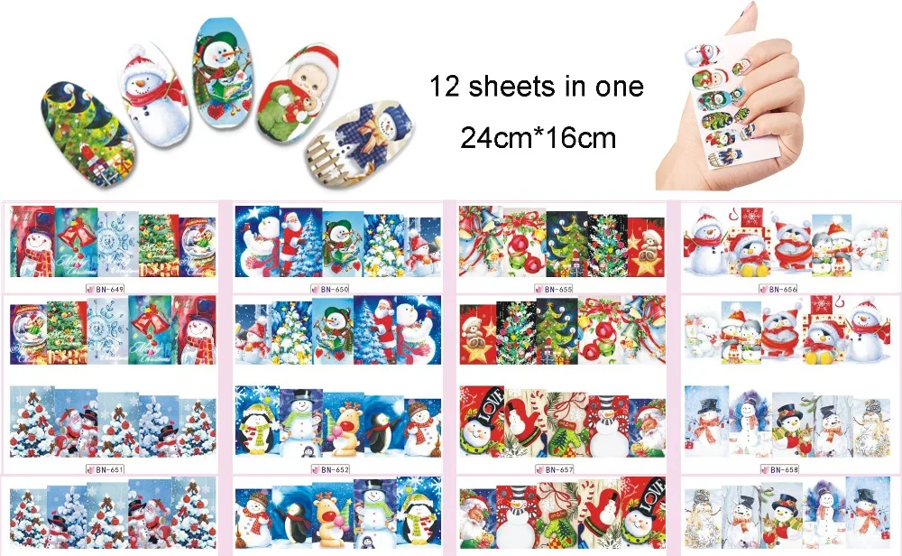 

12 Sheet/Lot Christmas Nail Water Stickers Santa Adhesive Nail Art Stickers Beauty Nail Tips Decals DIY Nail Art Decorations BN6
