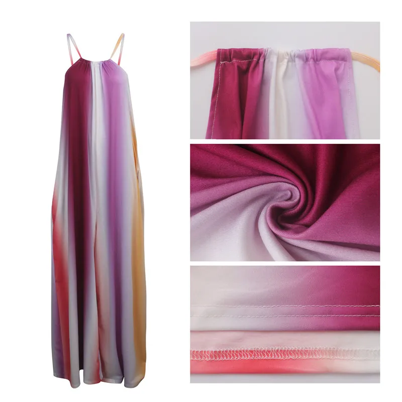 

Adogirl Tie Dye Stripe Print Halter Loose Jumpsuit 2019 Summer Women Sexy Halter Sleeveless Pockets Casual Romper Wide Leg Pants