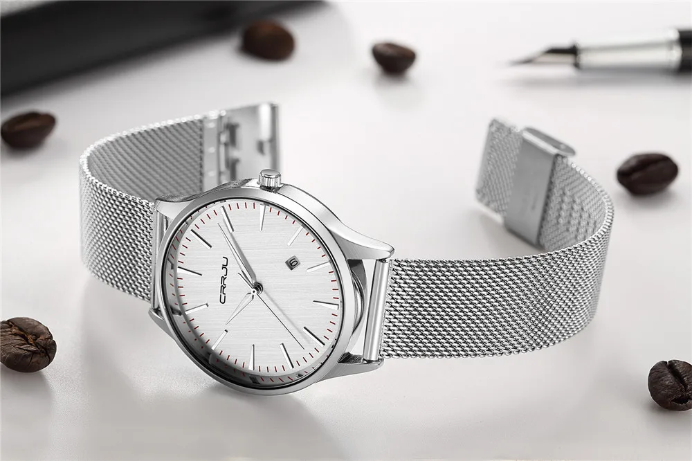 CRRJU Calander Бизнес Мужские часы из нержавеющей стали с сетчатым ремешком круглые
