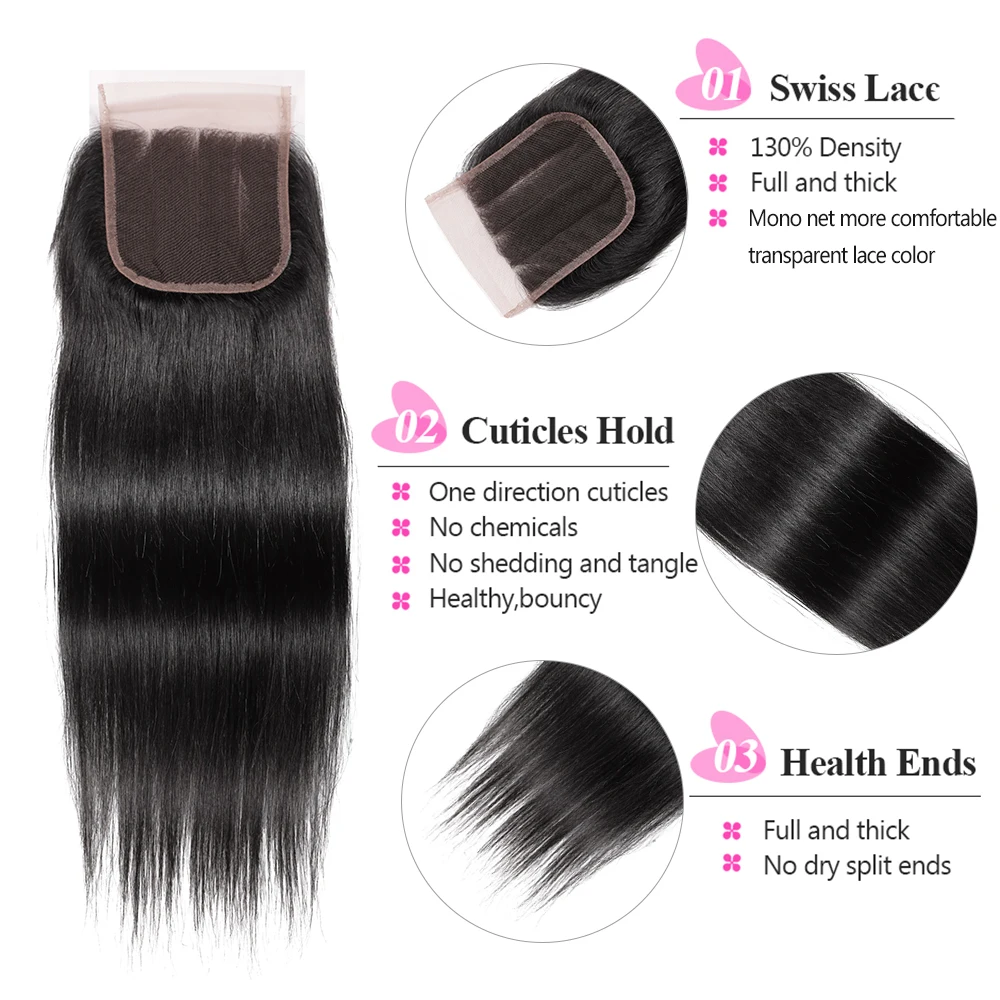 Новейшие волосы перуанские прямые 4 пучка с закрытием 100% Человеческие remy ткет 4*4