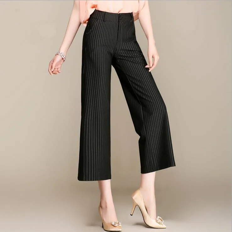 Брюки женские с широкими штанинами эластичные Капри высокой талией офисные