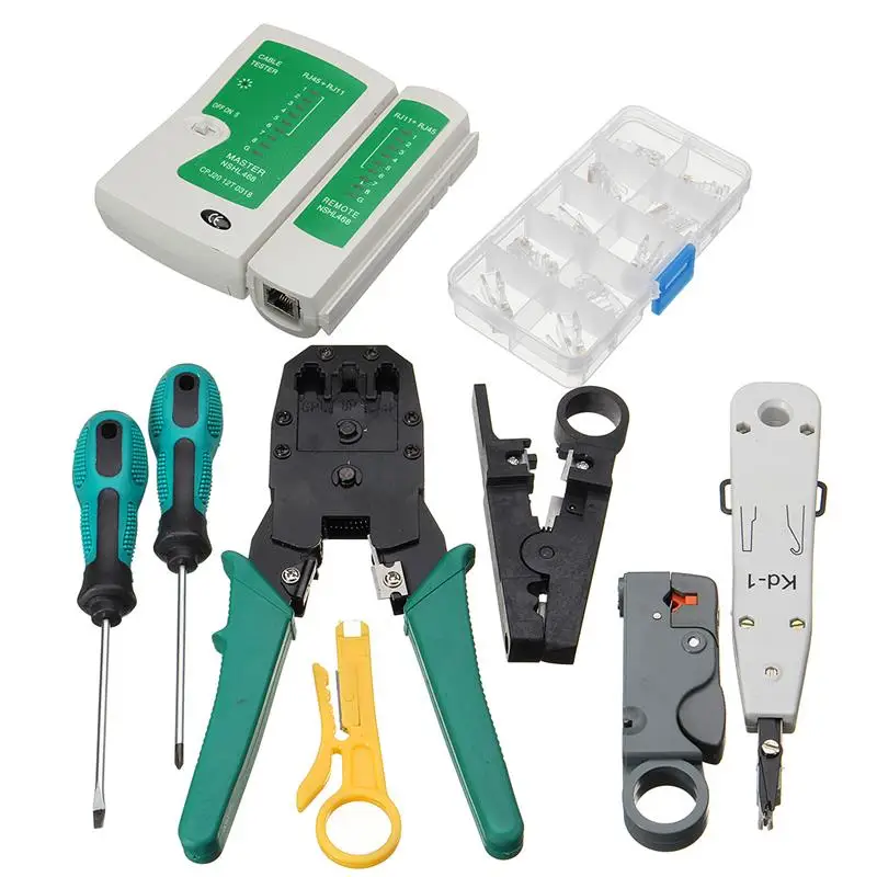 11pcs/set RJ45 RJ11 RJ12 CAT5e Cat6 Portable LAN Network Repair Tool Kit Utp Cable Tester AND Plier Crimp Crimper Plug Clamp PC