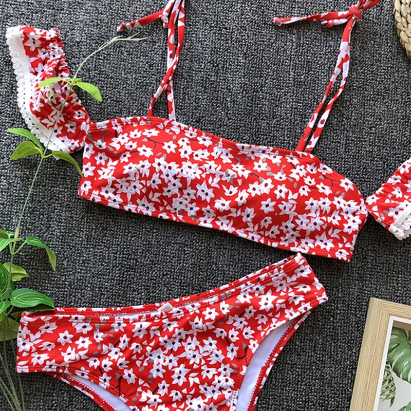 2019 High Waist Bikini Set Floral Sleeve Bikinis Bandeau Brazilian Biquini Swimwear Women Printed Swimsuit Push up Bathing Suits |