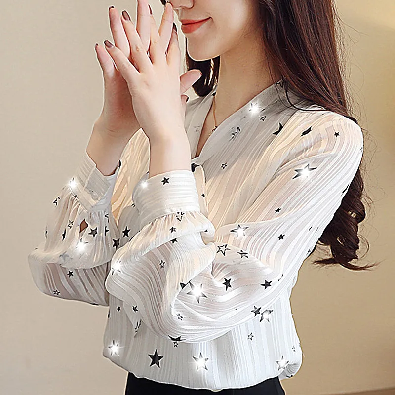 Мода 2019 летние женские шифоновые блузки со звездами с длинными рукавами черные