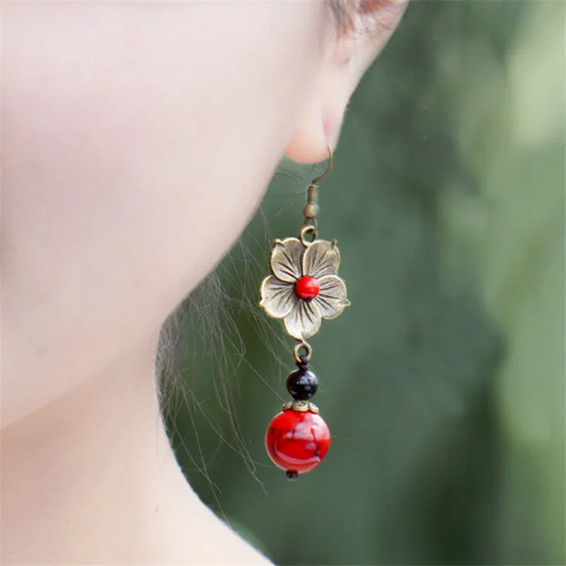 

new arrivals women earring copper alloy flowers red bead pendant vintage jewelry accessories girl brinco drop earrings BD80