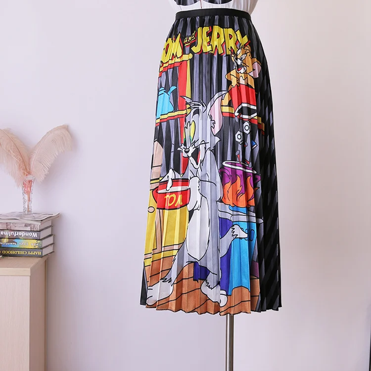 BGSOLID Высокая талия a слово юбка эластичный пояс мультфильм печати плиссированные