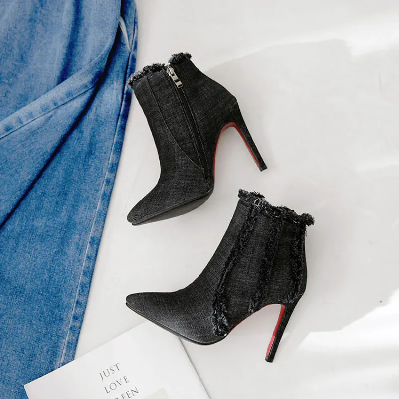 

Winter Women Shoes Ankle Chelsea Short Boots Zip Denim Pointed Toe Thin High Heel Short Plush Inside Big Size Solid Stilettos