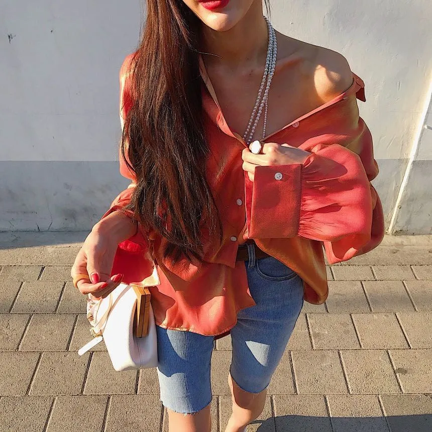 Модная Корейская шикарная градиентная рубашка для офисных леди с отложным