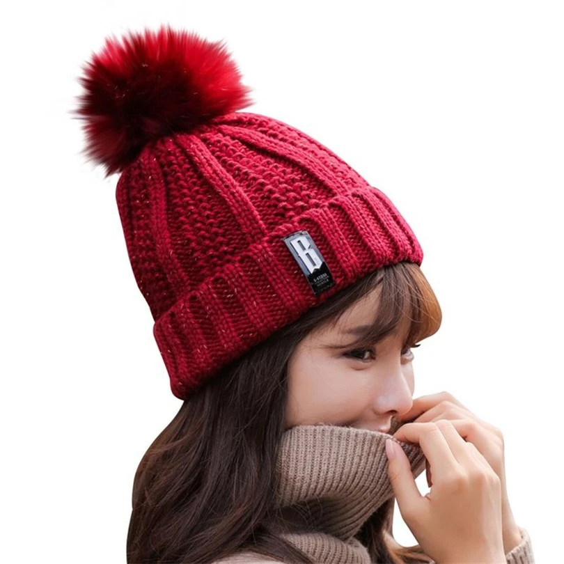 

VIIANLES Knitted Beanies Winter Female Skullies Pom Poms Ball Cap Girl Hat Knit Cap Thick Red Hat